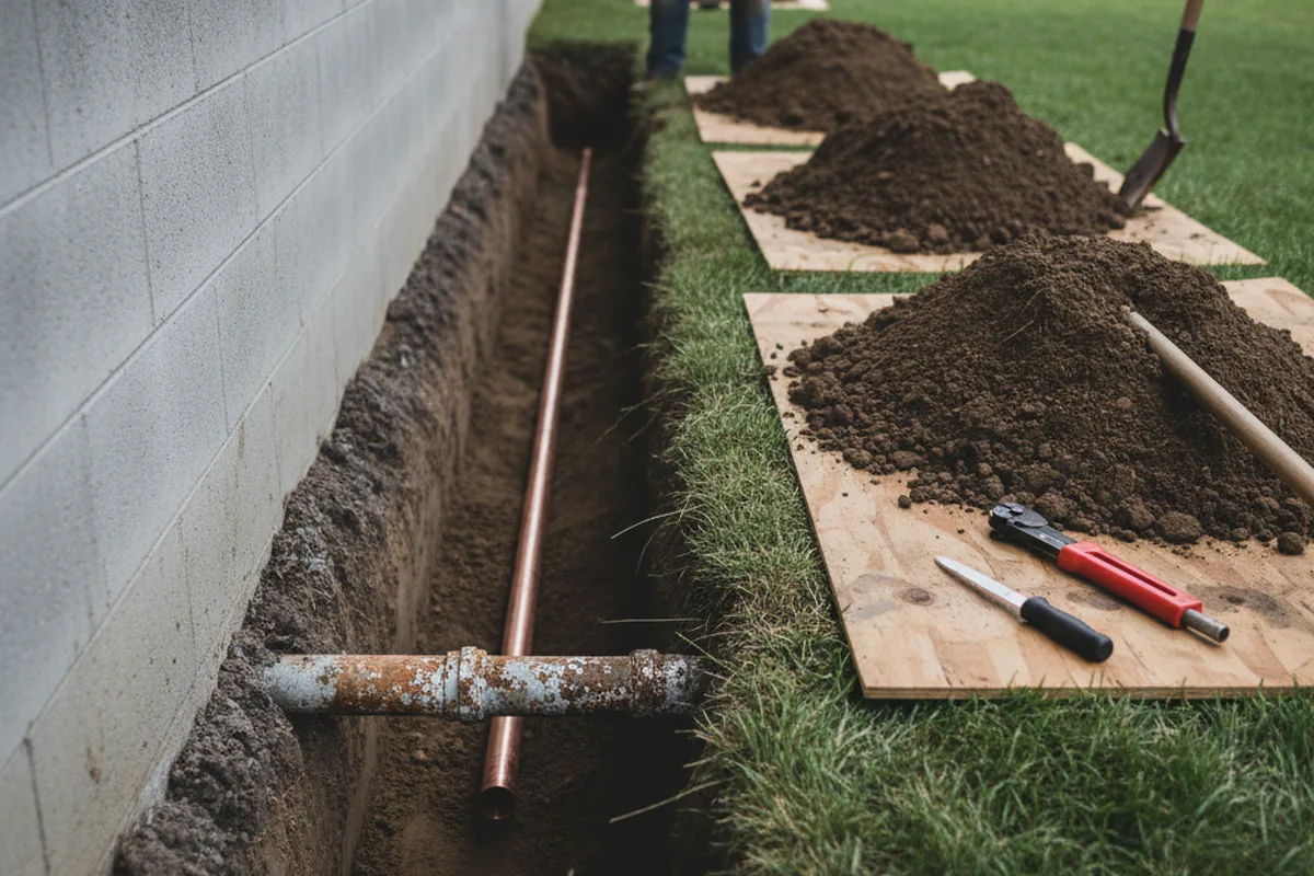Excavated water line trench during Water Softener Installation in Pocatello